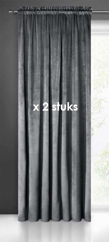 Velours gordijn grijs met plooiband 140x270cm x 2 stuks